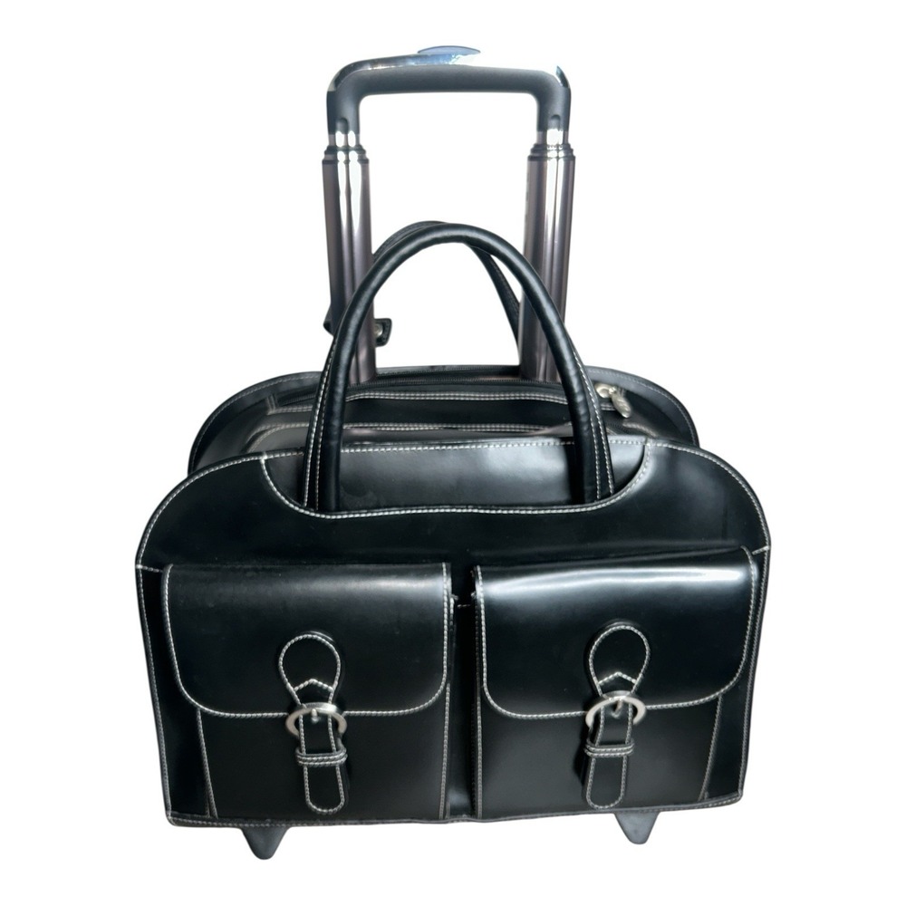 McKlein Davis Black Leather Rolling Laptop Briefcase 15.6" Wheeled Case
